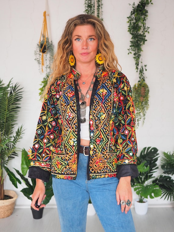 MIRROR SHIRT JACKET - 60's 70's Vintage Jacket - Retro Beatles - Sequins - Embroidered - Boho - Festival Style - Summer - Lightweight cotton