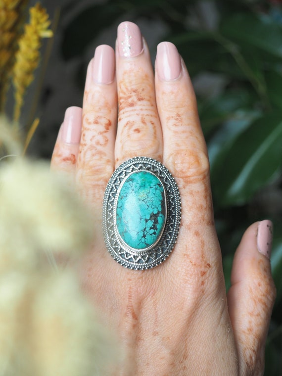 XL TURQUOISE RING - Statement Sterling Silver Ring - Rare Turquoise - Natural Turquoise - Antique Ring - Navajo - One of a kind-  Luxury