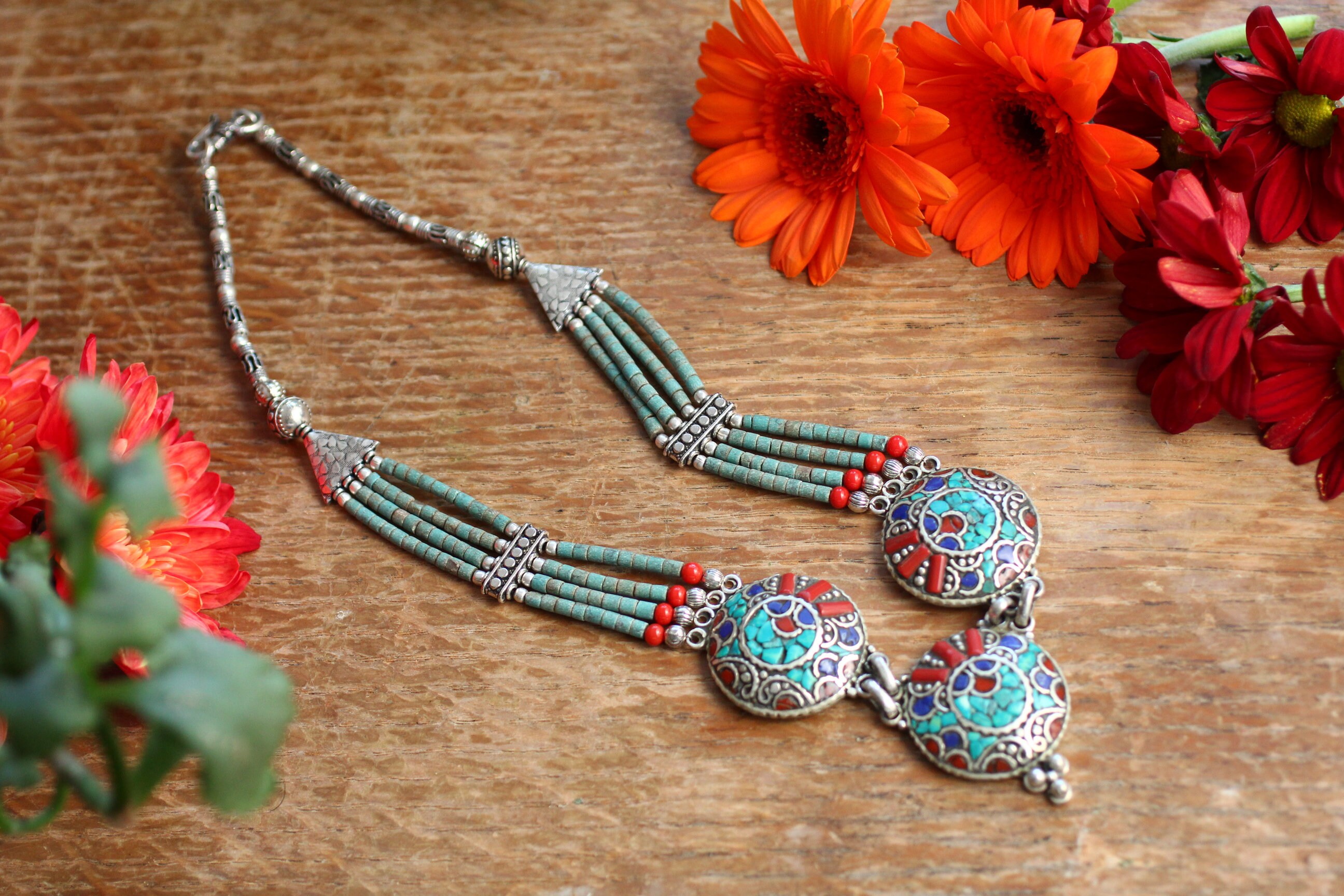 thumbnail image 2 of 50pcs Antique Tibetan Style Brass Beads – Coral & Turquoise Accents – Handmade Mixed Lot 2 of 5