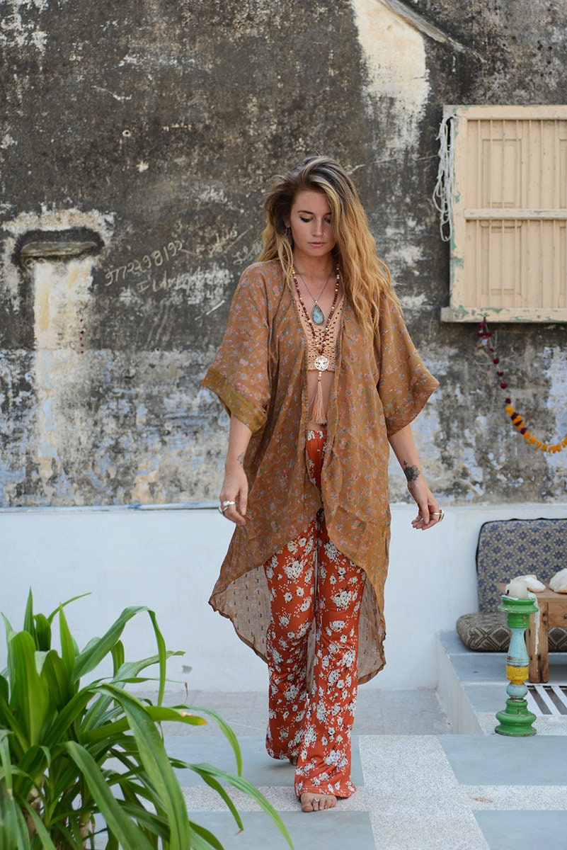 A - Bohemian FLORAL - KIMONO - Kaftan symmetrical 60\'s - fashion - BROWN Up Maxi Beach Summer Cover Silk - - Festival dress - 70\'s - -