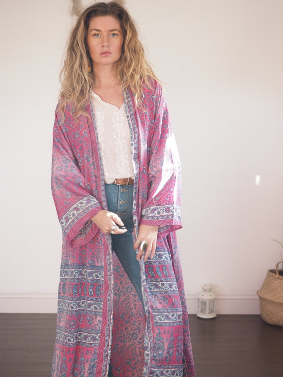 PINK GODDESS KIMONO - Luxury Silk Kimono - Long Jacket - Full length Cape - Beach Cover Up - Vintage kaftan coat - Stevie Nicks Style Coat
