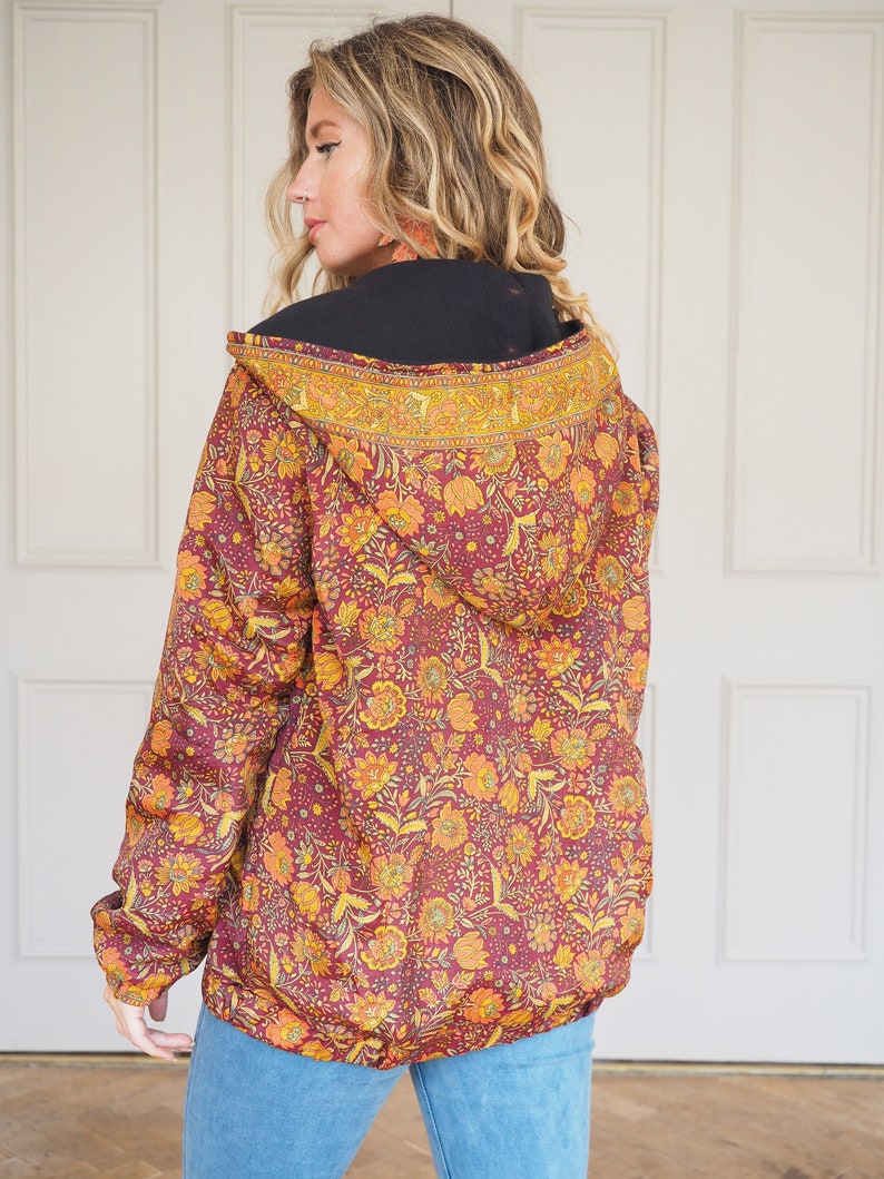 INDIAN BOMBER JACKET Thermal Fleece Indian Silk Coat Recycled Slow Fashion Unisex Vintage style jacket Hoodie Aztec Boho image 9