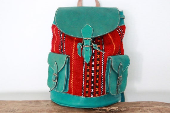 TURQUOISE LEATHER RUCKSACK - Large Vintage Rucksack - 60's / 70's - Aztec - Moroccan Carpet - Hippie School bag - Travel Backpack - Student