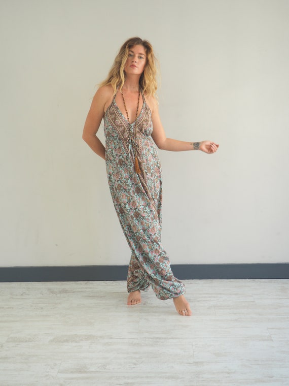 INDIAN LUXE HAREM - Jumpsuit - Super Soft Playsuit - 70's 60's Sari - Re worked vintage - recycled silk - Upcycled dungarees Boho - Ali Baba