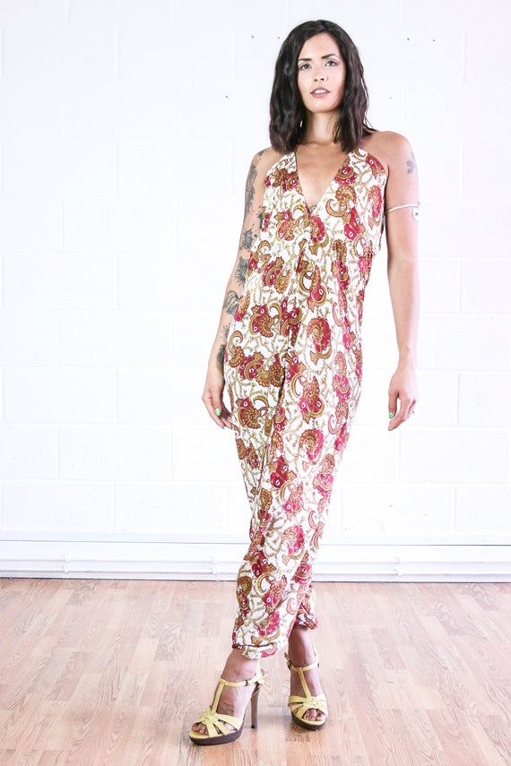 PAISLEY SWIRL JUMPSUIT - Vacation - Wedding - Festival Jumpsuit - Handmade - Vintage - Hippie - Backless - Harem Pants - Maxi Dress - Beach