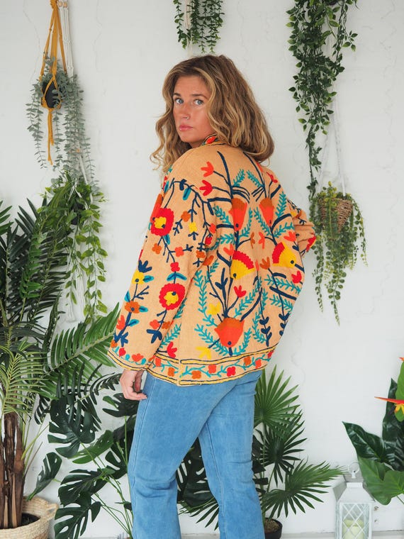 EMBROIDERED COTTON JACKET - Reversible Embroidery Coat - Zara Style - Mexican - Indian Cotton - Boho Festival - Summer - Folk Floral Design