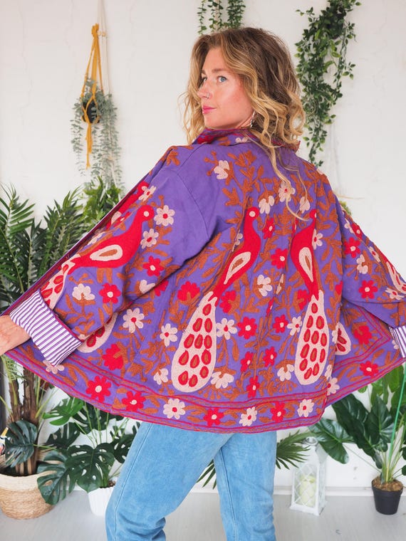 REVERSIBLE PEACOCK BLAZER - 60's 70's Retro - Men's Hippie Festival coat - Embroidered Crop Jacket - Canvas Cotton Fabric - Unisex Medium