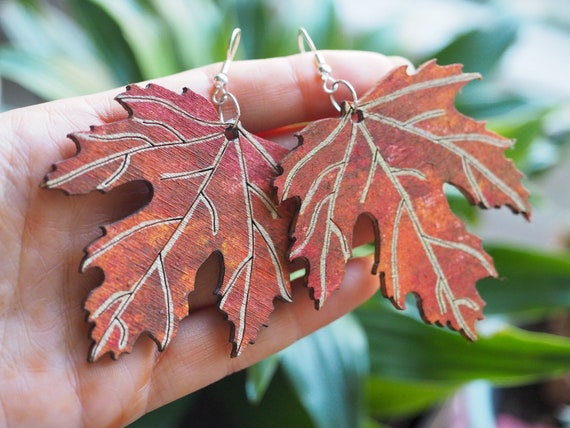 AUTUMN LEAF EARRINGS - Fall - Nature - Reclaimed wood - Recycled wood - Laser cut - Hand painted Earrings - Extra large jewellery Xmas gift