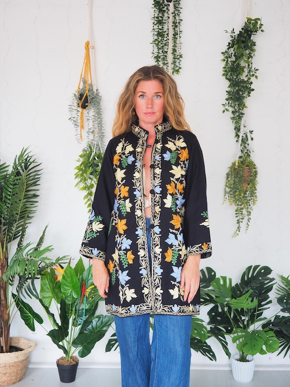 BLACK KASHMIRI JACKET - 60's 70's - Beatles Sgt Pepper Coat - Embroidered Top - Cotton - Wool blend Cardigan - Mini Tunic Dress - Zara Style