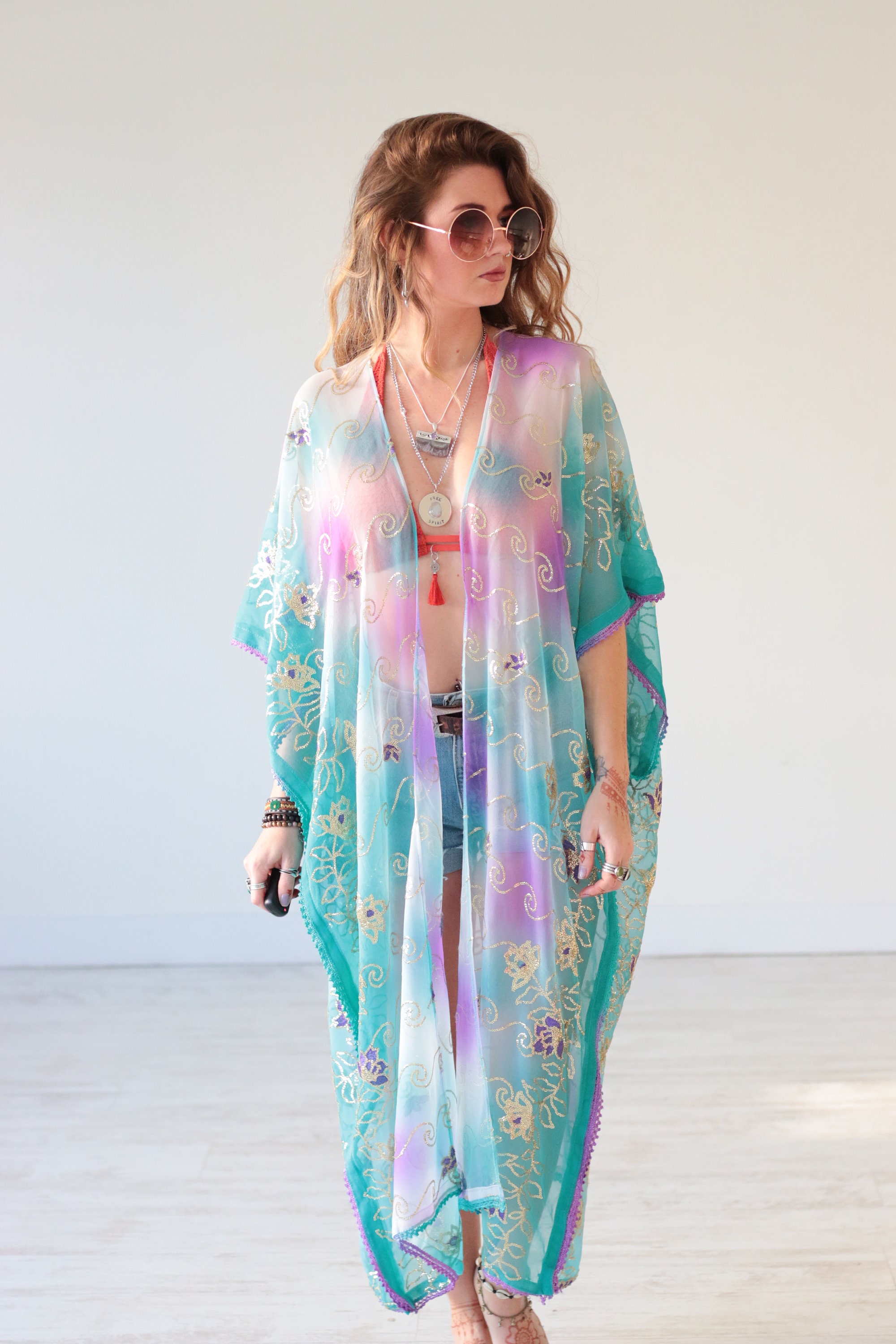 SKY BLUE KIMONO - Vintage Jacket - Silk Sari Kaftan - Beach Cover Up ...