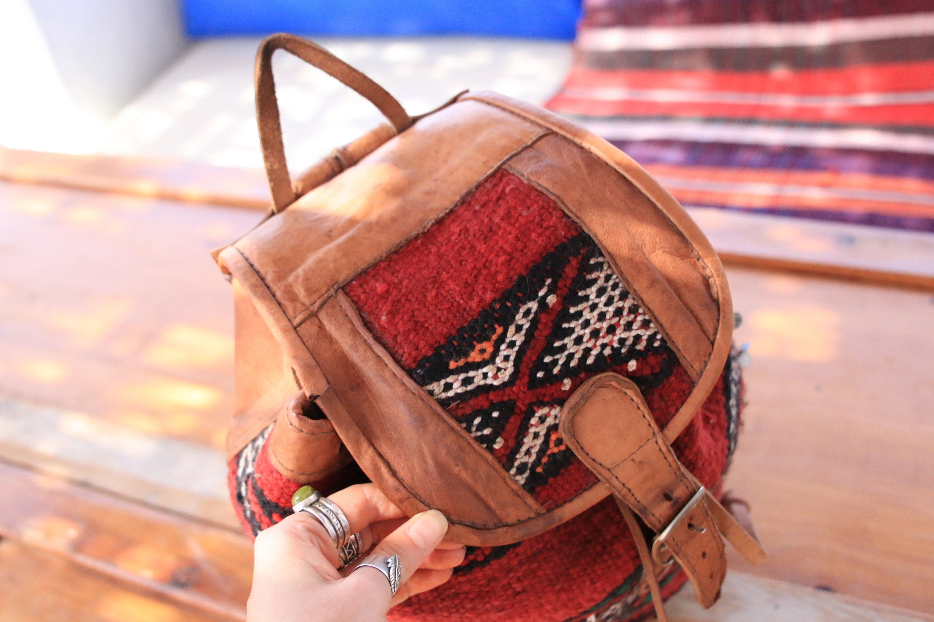 Hippie Backpack Ethnic Backpack Boho Backpack Turkish Anatolian Red Vintage Kilim Rug Shoulder Backpack for Woman Authentic Backpack