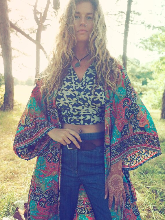 MAXI KIMONO - With pockets! Long Hippie Jacket - Silk viscose Cover Up - Kaftan - Vintage 70's - 60's Dressing Gown - Gunne Sax style