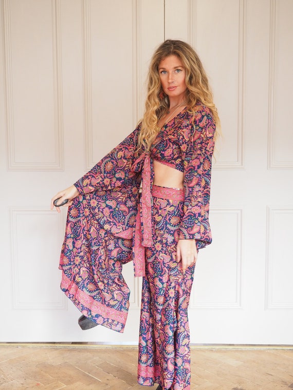 70'S 2 PIECE SET - Wide Leg Silk Blend Jumpsuit - Bell sleeve & Trouser set - Jumpsuit - Flares - 60's pant set - Crop Palazzo Pants - 70's