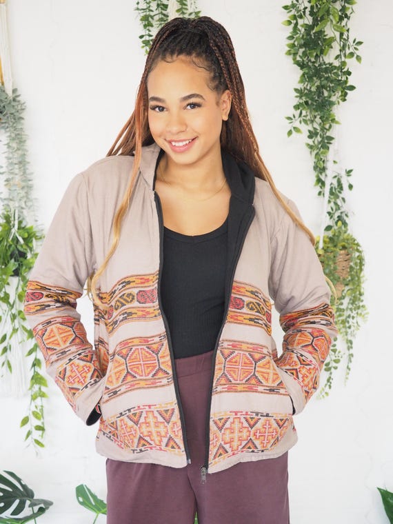 AZTEC BOMBER JACKET - Unisex Winter Coat - Vintage style Fleece Jacket - Mens Hoodie - Embroidered Repurposed fabric - Cosy Loungewear