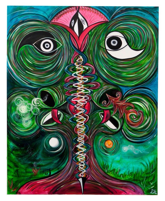 GOBEKLI - Cosmic Tree of life Print - A4 Mounted Print - Yin Yang - Kundalini Artwork - Cactus - Swirl - Psychedelic print - Trippy Hippie