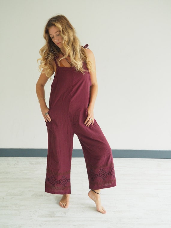 BLOCK PRINT OVERALLS - Burgundy Jumpsuit - Ruby Sparrow linen playsuit - Organic Cotton Dungarees - Indian Print - Casual Boho Lounge wear