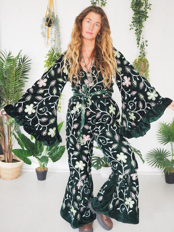VELVET 2 PIECE SET - Green Velvet Sequin Bell sleeve - Frill Flare Trousers - Vintage Co ord - Trouser set - Embroidered jumpsuit