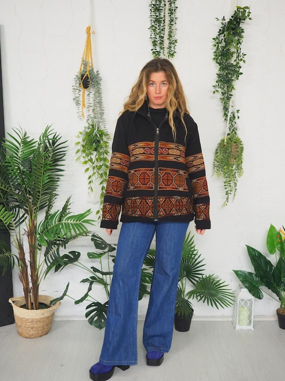 BLACK AZTEC HOODIE - Thermal - Unisex  - Fleece Hooded Jacket - Mens Jumper - Carpet Jacket - Lounge wear - Festival