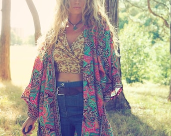SEIDE KIMONO JACKE - Mit Taschen! Lange Hippie Jacke - Seide Viskose Überzieher - Strand Kaftan - Vintage Stil - 70er - 60er Boho Sommer