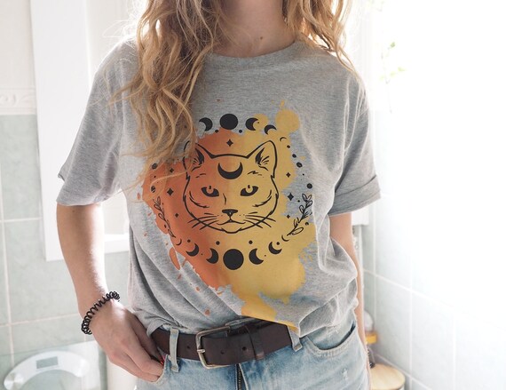 GREY COSMIC CAT - Screen Print Tee - Ltd Edition - Vegan 100% Cotton T-shirt - Non Binary - Unisex - Moon phase Top - Cat Lover Gift - Star