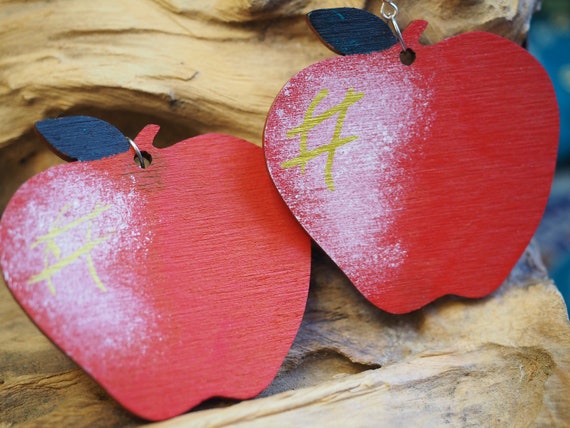 RED APPLE EARRINGS - Summer - Flower Power - Daisy - Hope Symbol - Hand painted - Reclaimed wood earrings - Laser cut - Eco Gift