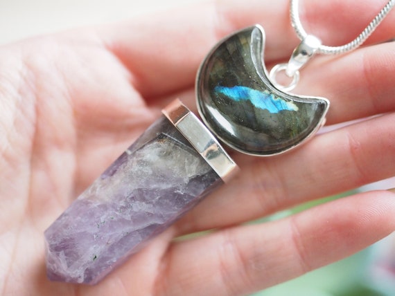 AMETHYST LABRADORITE WAND - Moon Necklace - Recycled 925 Sterling Silver - Reiki - High Vibration Glowing Crystal - Dowsing Pendulum - Witch