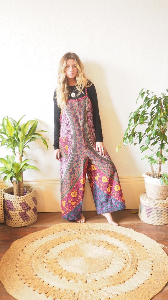 BESPOKE MANDALA OVERALLS - Ruby Sparrow - Wide leg Jumpsuit - Organic Cotton - linen - Block Print Dungarees - Hippie - Tie Dye - Boho Pants