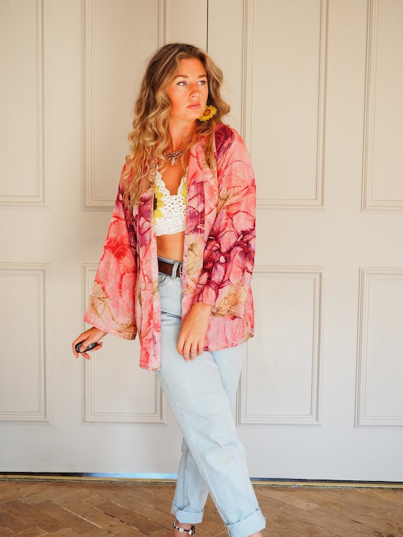 PINK SHIMMER CROP - Beach Cover up - Festival Wrap Top - Bohemian Silk Jacket - Vintage Summer Coat - Oriental Style - Luxury Lounge wear