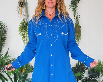 CAMISA VINTAGE WESTERN - Camisa de rodeo para hombre con botones de perlas - Estilo country western - Ropa de rancho - Festival Americana - Camisa vaquera azul - Unisex