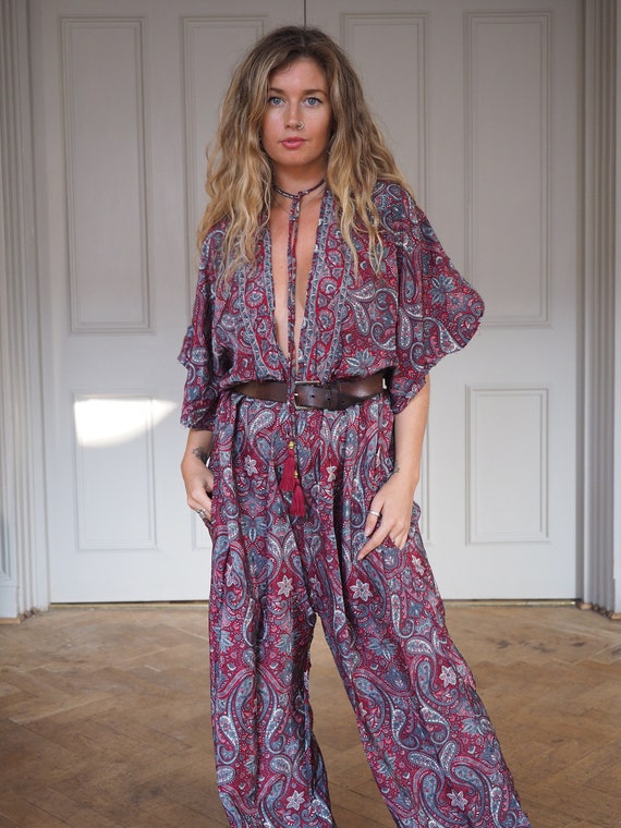 RED PAISLEY JUMPSUIT - Wide leg Trouser - Flare Romper - 70's boiler suit - Boho Christmas Outfit - 60's Psychedelic - Hippie shake - Silk