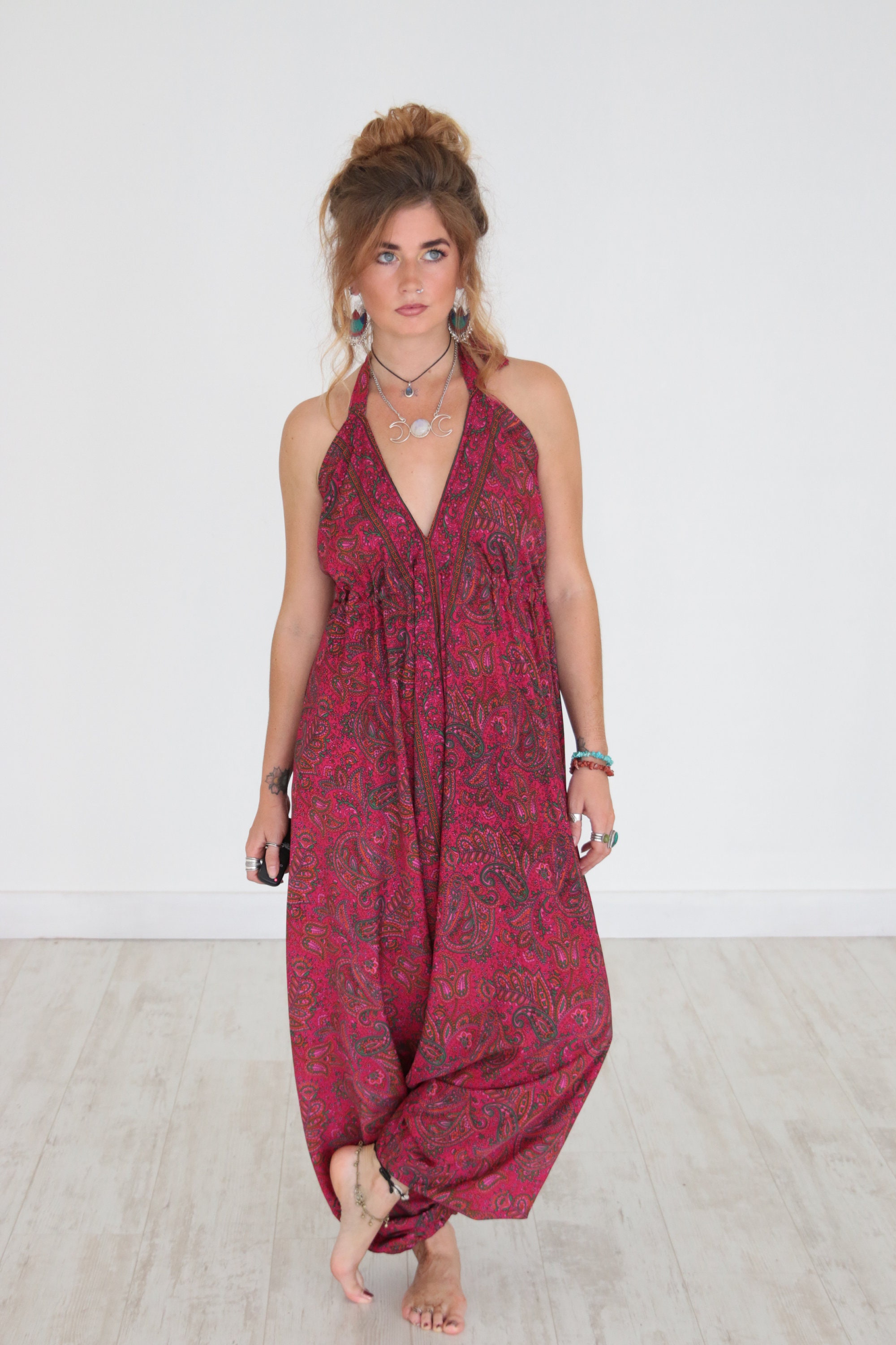 HAREM SILK JUMPSUIT - Pink Red Paisley - Super Soft - Vintage Sari Silk ...