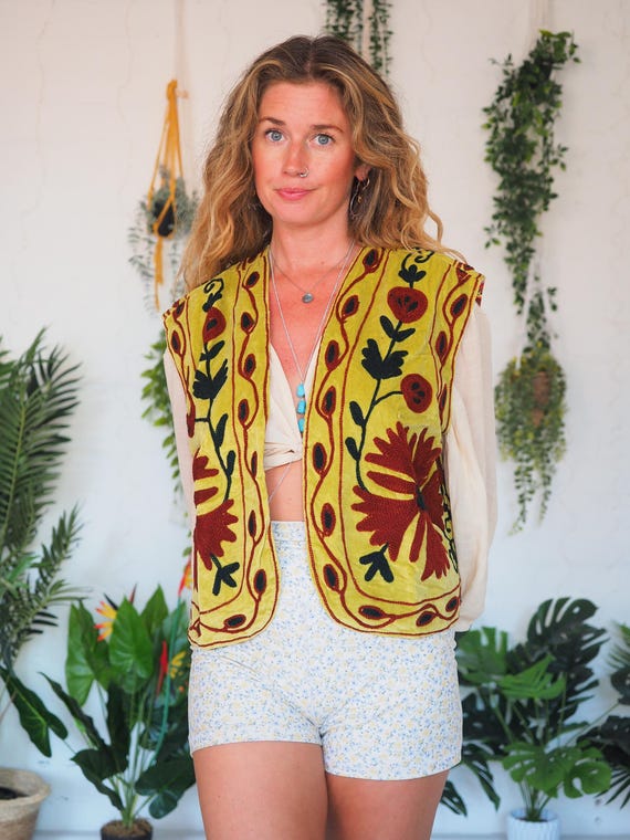 REVERSIBLE VELVET GILET - Embroidered Velvet Waistcoat – Vintage Boho Festival Vest (Uk 6-12) - Rockabilly - Spring - Unisex Mens