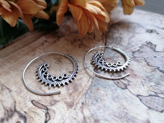 TRIBAL SPIRAL EARRINGS - Silver plated Earrings - Tribal Twist - Sacred Geometry - Ethnic Jewellery - Sale - Stocking Filler Gift - Hippie