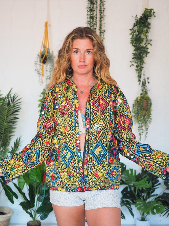 CROP MIRROR SHIRT - 60's 70's Vintage Fabric - Retro Beatles - Sgt Pepper - Sequin Coat - Embroidered Jacket - Boho Festival Summer Style