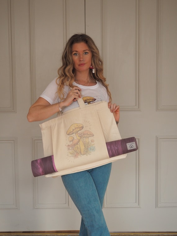 YOGA MAT BAG - Mushroom Print - Tote Bag - Beach Bag - Organic Cotton - Natural fabric - Eco - Faded Print - Natural ink - Extra Large