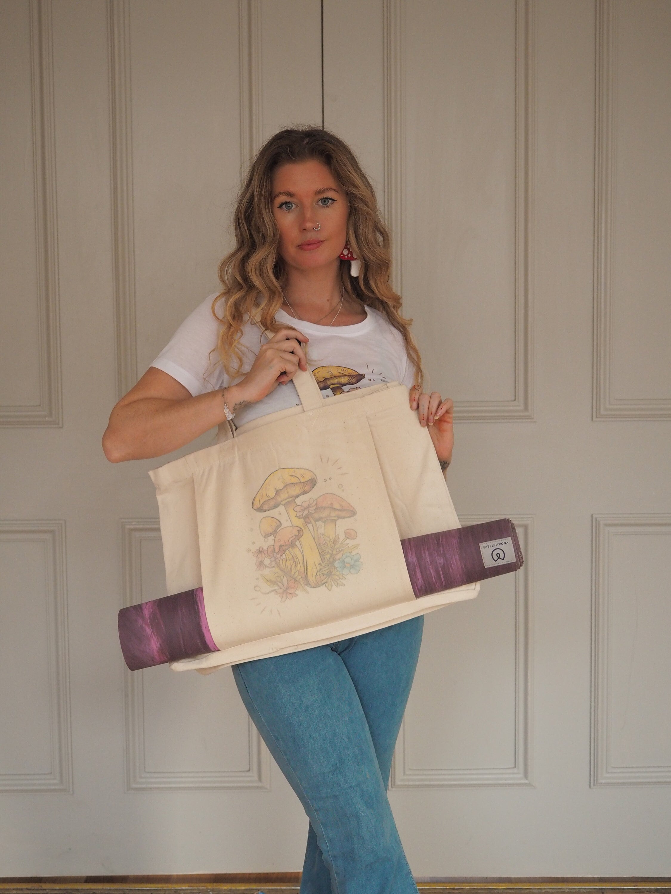 YOGA MAT BAG - Mushroom Print - Tote Bag - Beach Bag - Organic Cotton -  Natural fabric - Eco - Faded Print - Natural ink - Extra Large