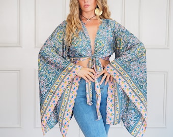 Top hippie bohemio - Top con lazo y mangas acampanadas talla XL - Fleetwood Mac - Stevie Nicks - Top hippie corto de verano - Mangas con volantes - Manga murciélago - Seda vintage