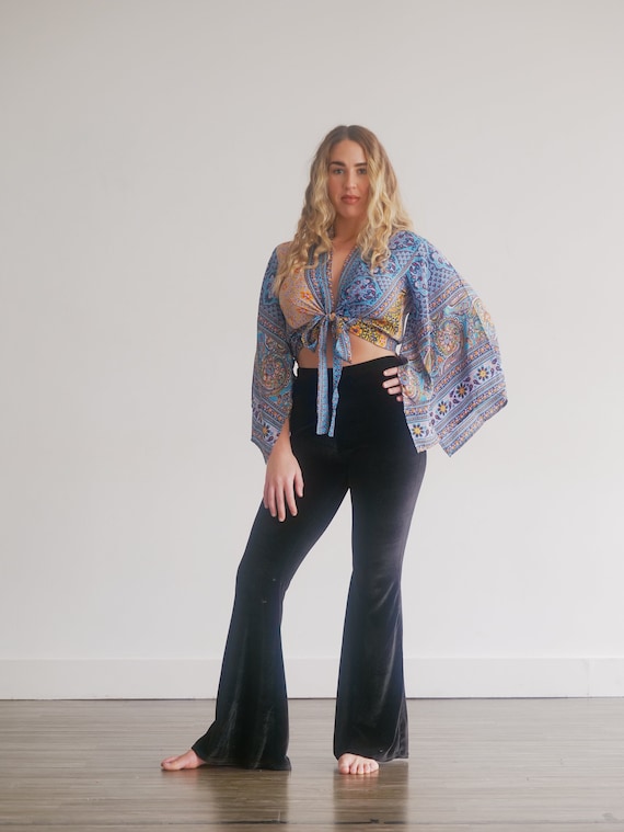 FOLK TIE TOP - Indian Silk Bell Sleeve - Hippie Top - Retro - 70s - 60'S - Recycled - Silk Kimono - Stevie Nicks - Dancer - Kaftan Lounge