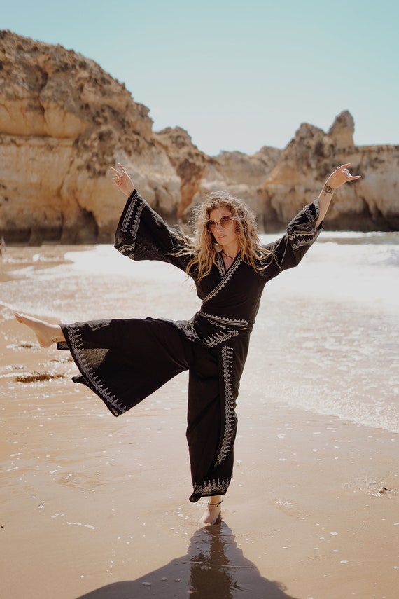BLACK GODDESS SET - Cotton Co-ord set - Thai Fisherman pants - Free Size Wrap Top - Yoga ceremony - Block Print Linen Organic - Bell sleeve