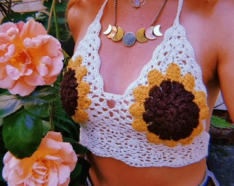SUNFLOWER CROP TOP - Backless Top - Halter neck - Summer - Mandala - Tank Top - Crochet bralette - flower power - 60s retro top - beach crop