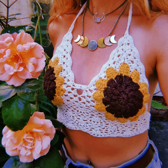 SUNFLOWER CROP TOP - Backless Top - Halter neck - Summer - Mandala - Tank Top - Crochet bralette - flower power - 60s retro top - beach crop