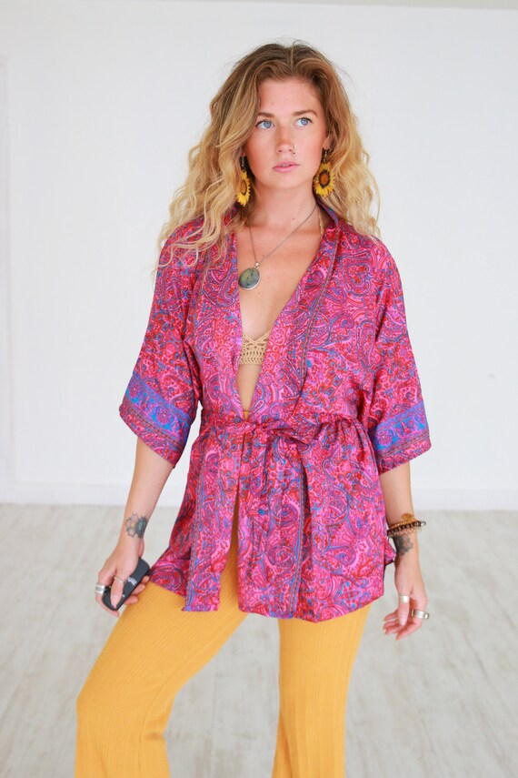 PINK POWER CROP - Bohemian Wedding - Autumn Kaftan - Indian Style Kimono - Silk Gypsy Top - Paisley - Japanese - Lounge wear - Cardigan