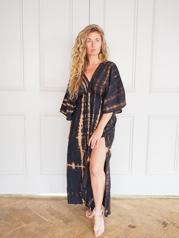 BOHO TIE DYE - Natural Tie dye Dress - Beach Kaftan - Summer Dress - Vintage style - Bohemian floaty dress - Soft Cotton - Deep V - Low cut