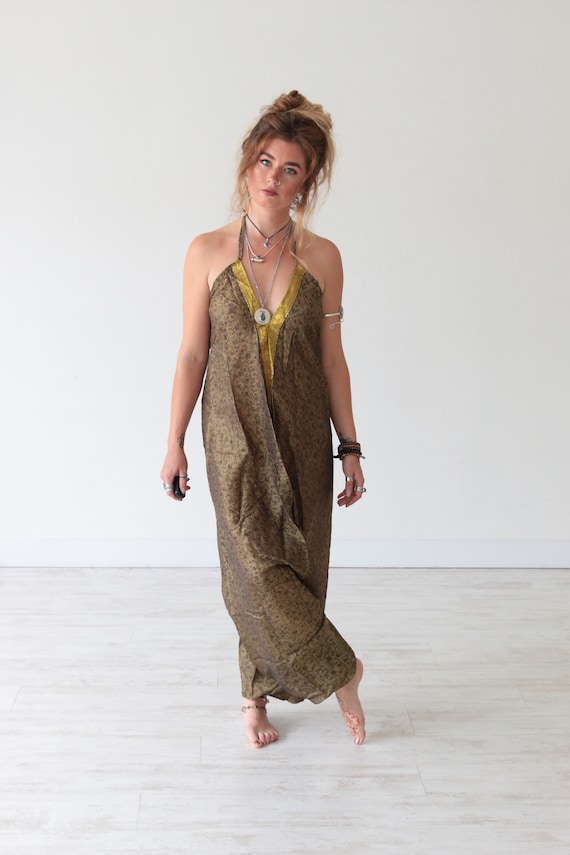 GOLD TRIM JUMPSUIT - Fall - Autumn - Winter - Summer Wedding - Earthy Vintage Silk - Hippie Halterneck Dress - Re-worked sari playsuit