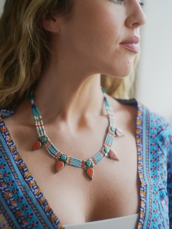 VINTAGE NEPALI NECKLACE - Statement Necklace - Coral - Turquoise - Nepalese - Buddhist - Tibetan Jewellery - Semi Precious - Gift - Bespoke
