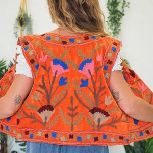 REVERSIBLE EMBROIDERED VEST - Orange Indian Velvet Waistcoat - Vintage - 70&#39;s 60&#39;s Beatles Abba - Rockabilly - Boho Festival gilet - Autumn