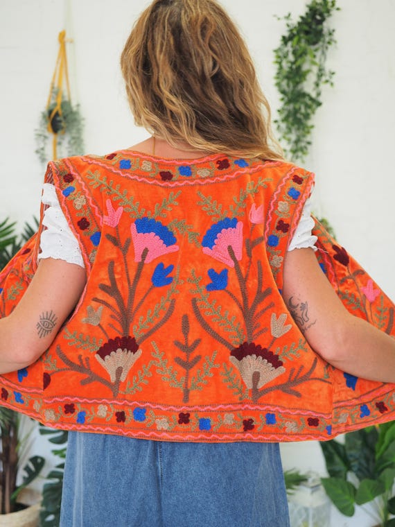 REVERSIBLE EMBROIDERED VEST - Orange Indian Velvet Waistcoat - Vintage - 70's 60's Beatles Abba - Rockabilly - Boho Festival gilet - Autumn