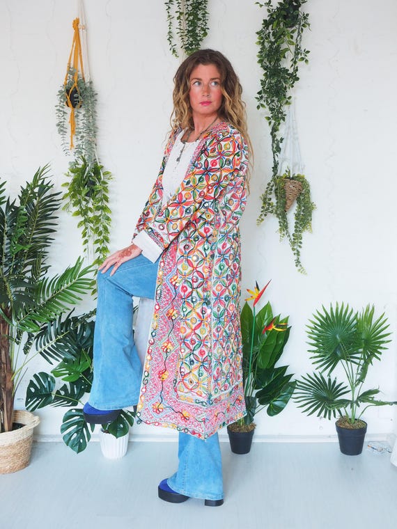 MIRROR KIMONO LONG - Beach - Linen - Breathable - Vintage Embroidered Jacket - Yoga Ceremony - Hippie - Boho - Spring -Sequin Summer Coat
