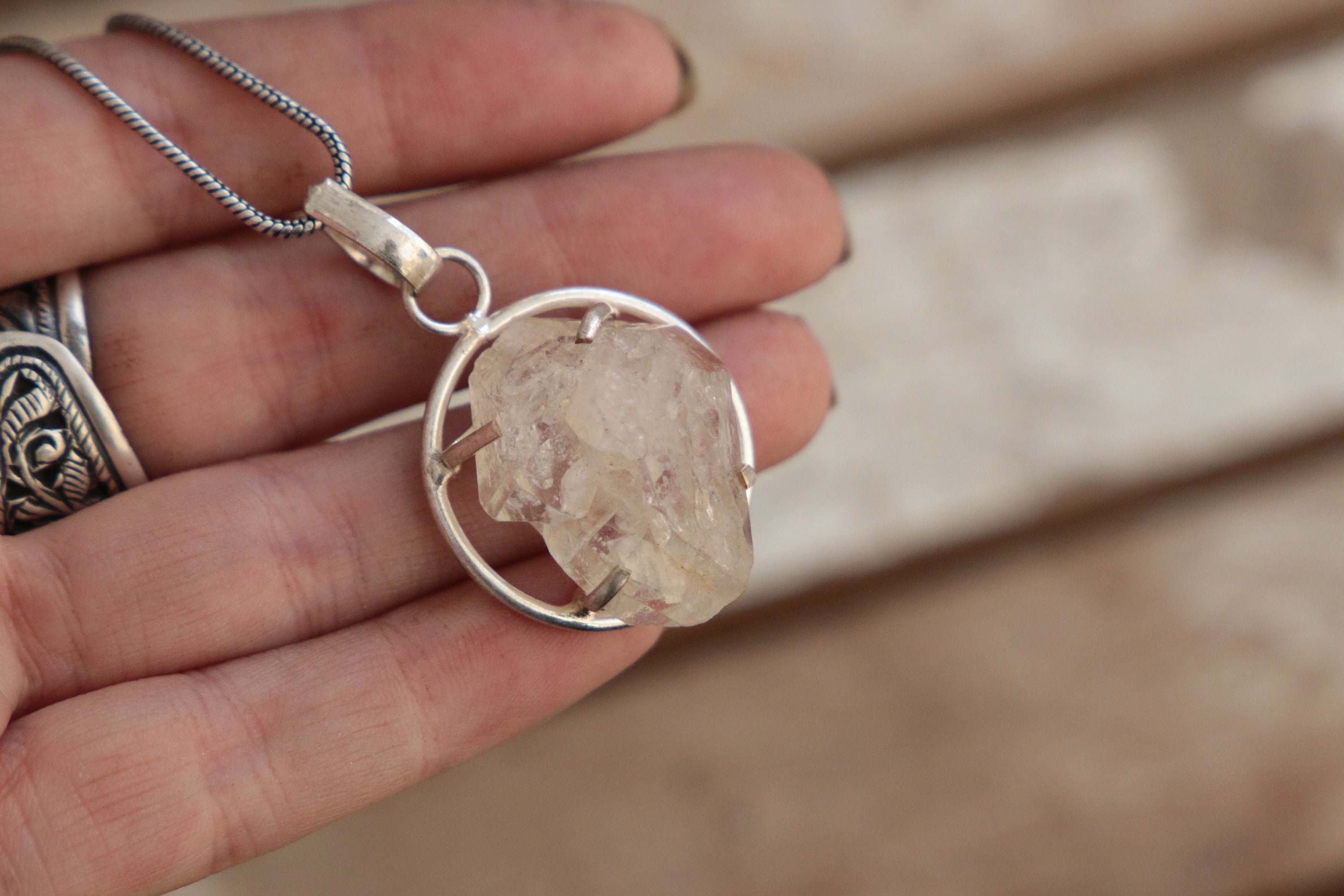 Raw Clear Quartz Crystal Necklace in Fine Silver / Bohemian Jewelry Gift  for her