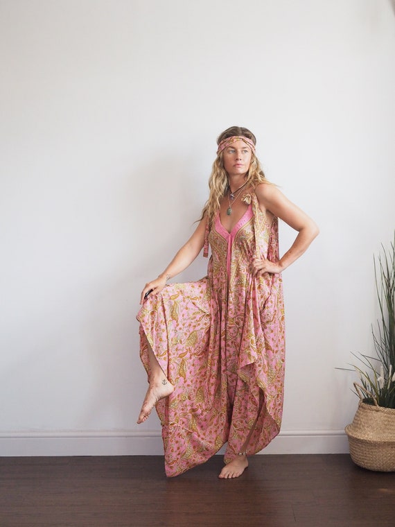 JUMPSUIT DRESS - Silk Dungarees with pockets! - Ruby Sparrow Festival Playsuit - Multi wear - Pocket dress - Backless - Pink sky - Wide Leg